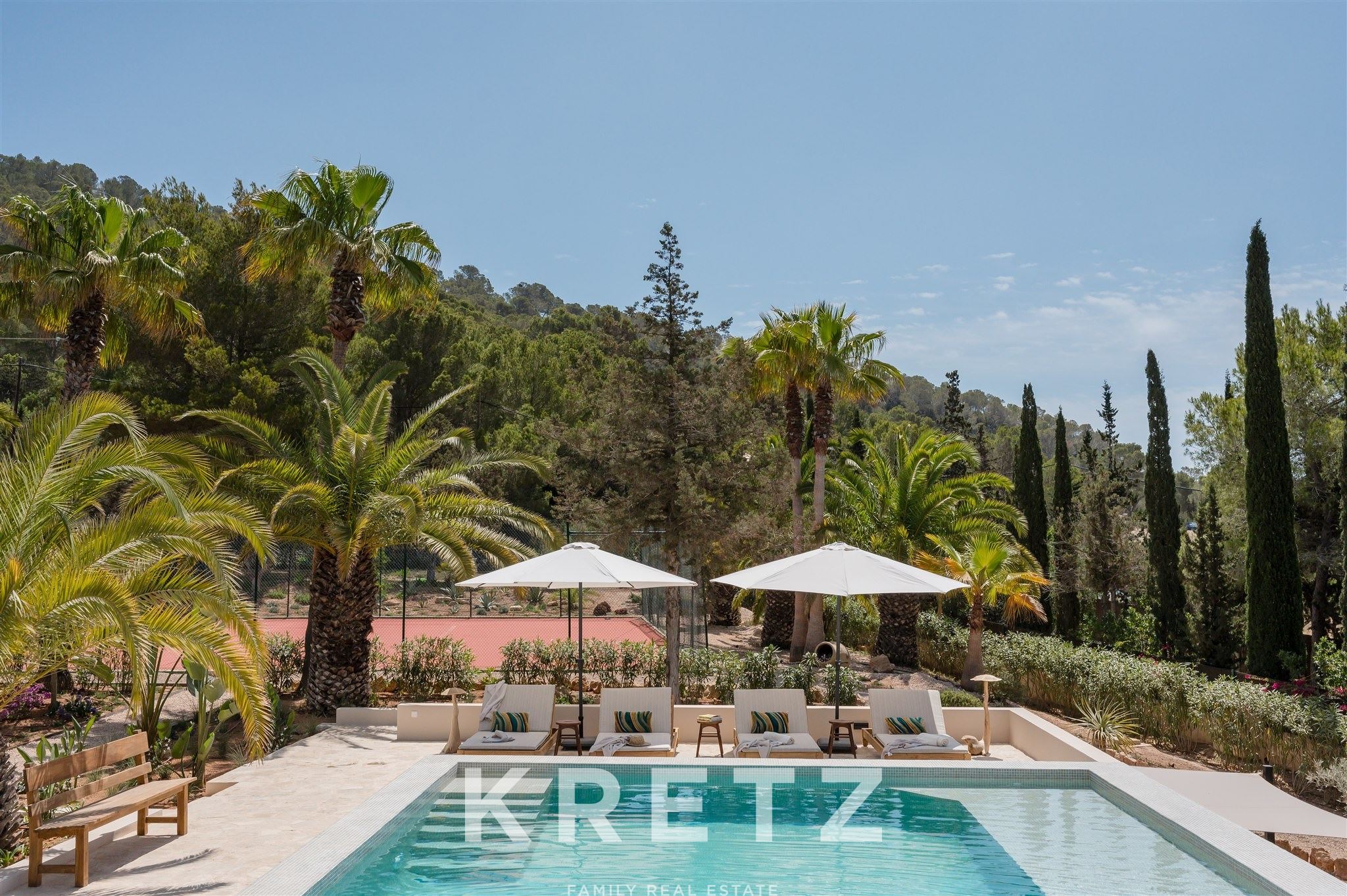 Private estate featuring main house, guesthouse, studio, pool, tennis court, and sea views