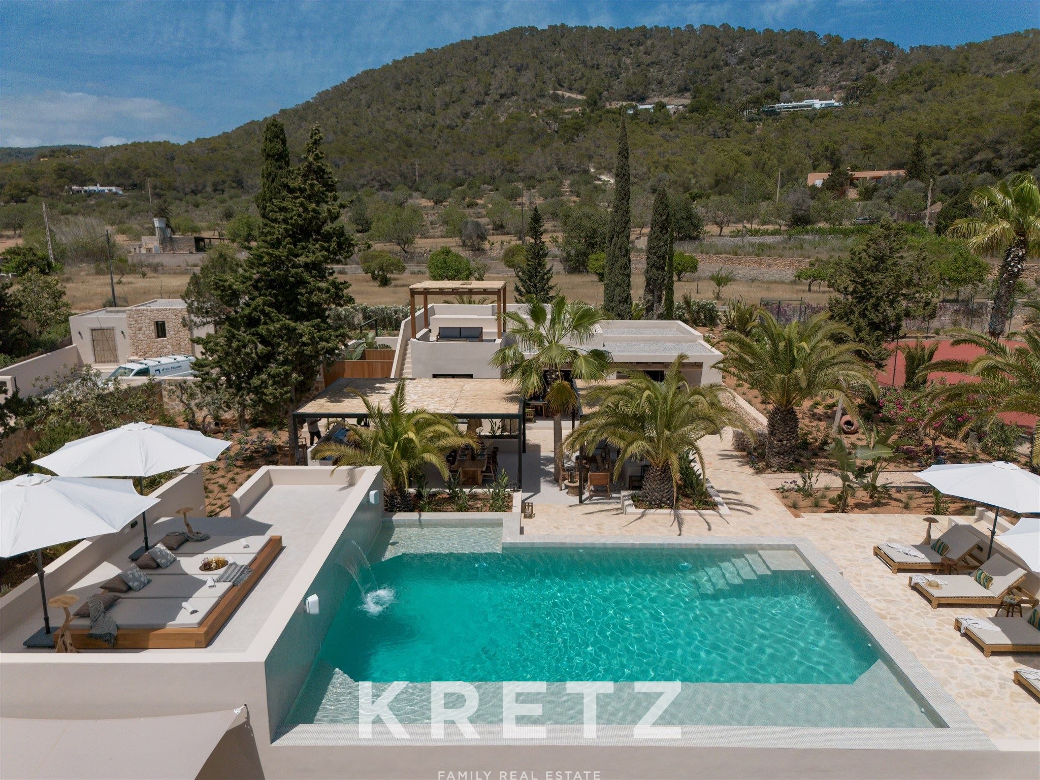 Private estate featuring main house, guesthouse, studio, pool, tennis court, and sea views